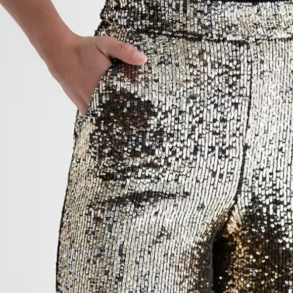 Express Sequined Metallic High Waist Wide Leg Trousers w Pockets - Picture 15 of 17